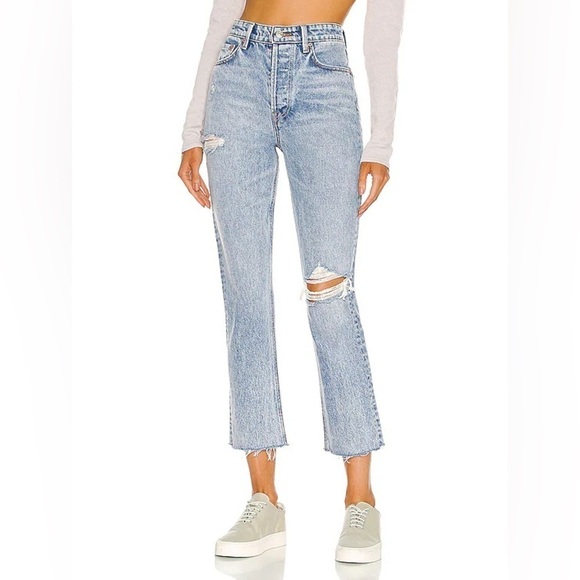 GRLFRND Denim - GRLFRND Women’s Karolina Jeans High Rise Straight Crop Larchmont W/ Rips 25